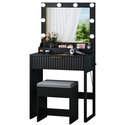 Flutted Makeup Vanity Table 8 LED Lights, Dressing Desk with Charging Station, for Femal Gift, Black