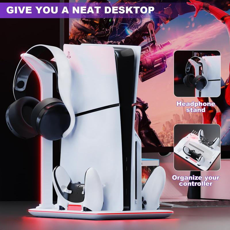 APTGAME Cooling Station for PS5 Slim & Playstation 5 Pro Console,Headset Holder PS5 Accessories Dual Controller Charging Station for PS 5 Controllers, 7 RGB Light, 5 Game Slots,Don Fit the Regular PS5 Wearable Ps5 Accessories Men Gadgets Controller