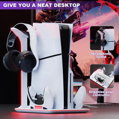 APTGAME Cooling Station for PS5 Slim & Playstation 5 Pro Console,Headset Holder PS5 Accessories Dual Controller Charging Station for PS 5 Controllers, 7 RGB Light, 5 Game Slots,Don Fit the Regular PS5 Wearable Ps5 Accessories Men Gadgets Controller