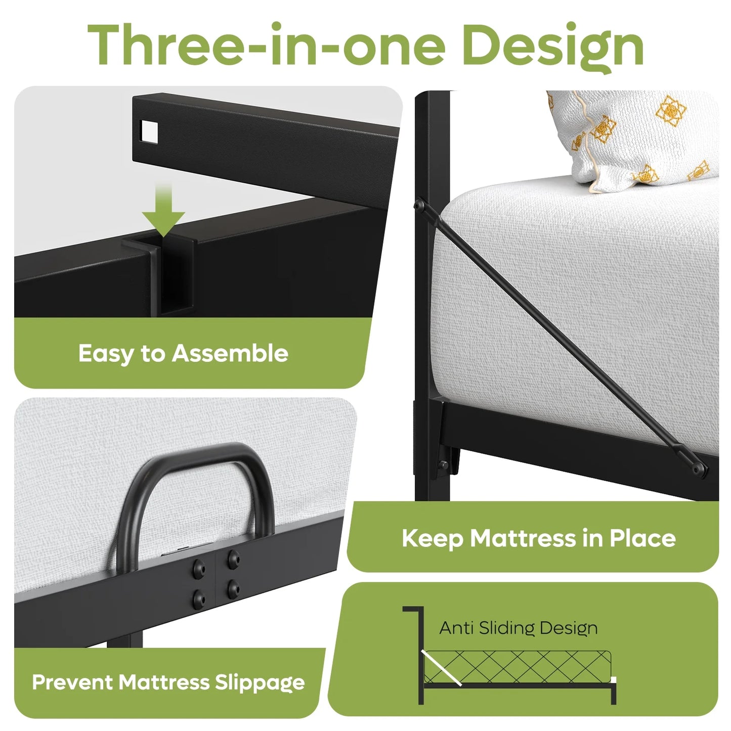 Queen Size Bed Frame with 49.2" High LED Storage Headboard Shelf, Metal Platform Bed with Charging Station, Black