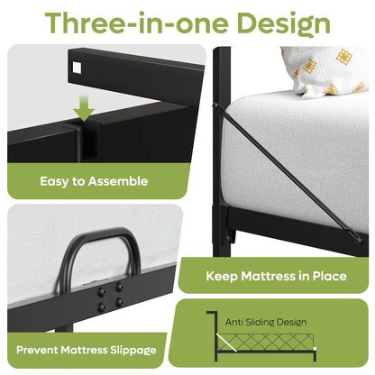 Queen Size Bed Frame with 49.2" High LED Storage Headboard Shelf, Metal Platform Bed with Charging Station, Black