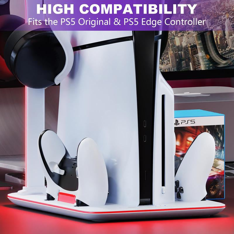 APTGAME Cooling Station for PS5 Slim & Playstation 5 Pro Console,Headset Holder PS5 Accessories Dual Controller Charging Station for PS 5 Controllers, 7 RGB Light, 5 Game Slots,Don Fit the Regular PS5 Wearable Ps5 Accessories Men Gadgets Controller