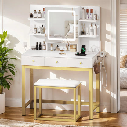 Makeup Vanity Set with LED Lighted Mirror, Makeup Desk with Drawers & Stool, Vanity Table with Hidden Storage Shelves, Makeup Dressing Table Set for Girls,Princess, White