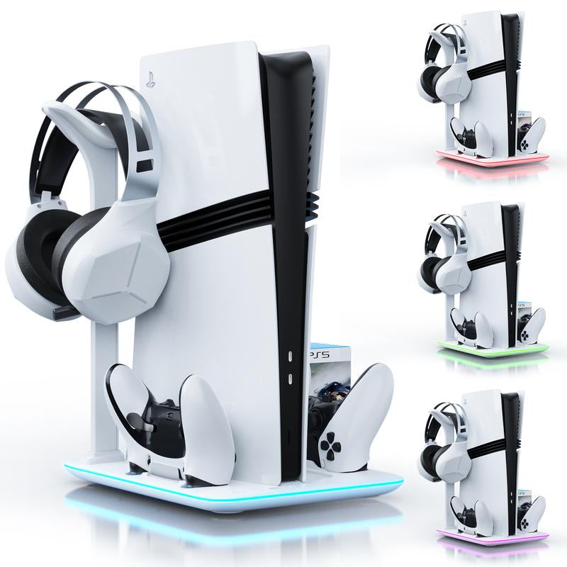 APTGAME Cooling Station for PS5 Slim & Playstation 5 Pro Console,Headset Holder PS5 Accessories Dual Controller Charging Station for PS 5 Controllers, 7 RGB Light, 5 Game Slots,Don Fit the Regular PS5 Wearable Ps5 Accessories Men Gadgets Controller