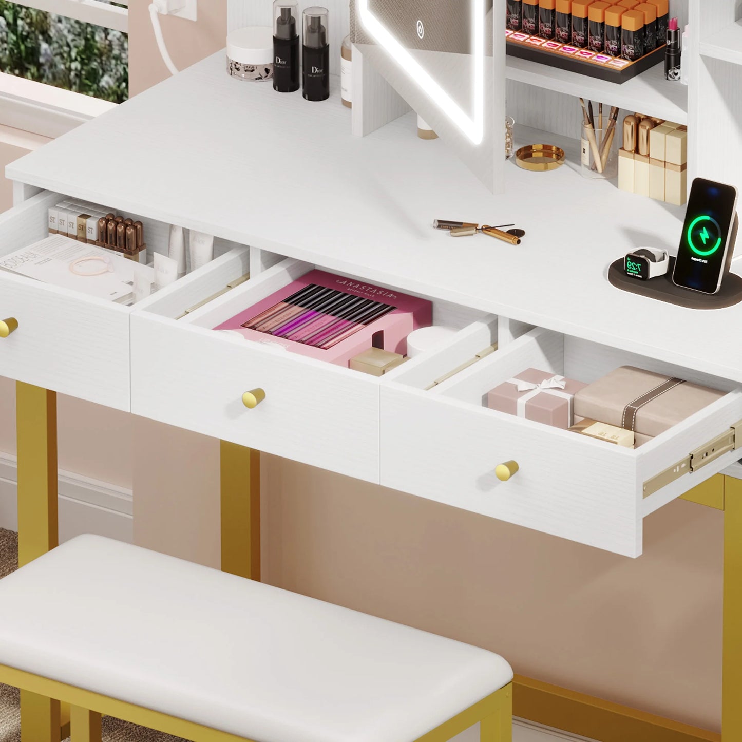Makeup Vanity Set with LED Lighted Mirror, Makeup Desk with Drawers & Stool, Vanity Table with Hidden Storage Shelves, Makeup Dressing Table Set for Girls,Princess, White