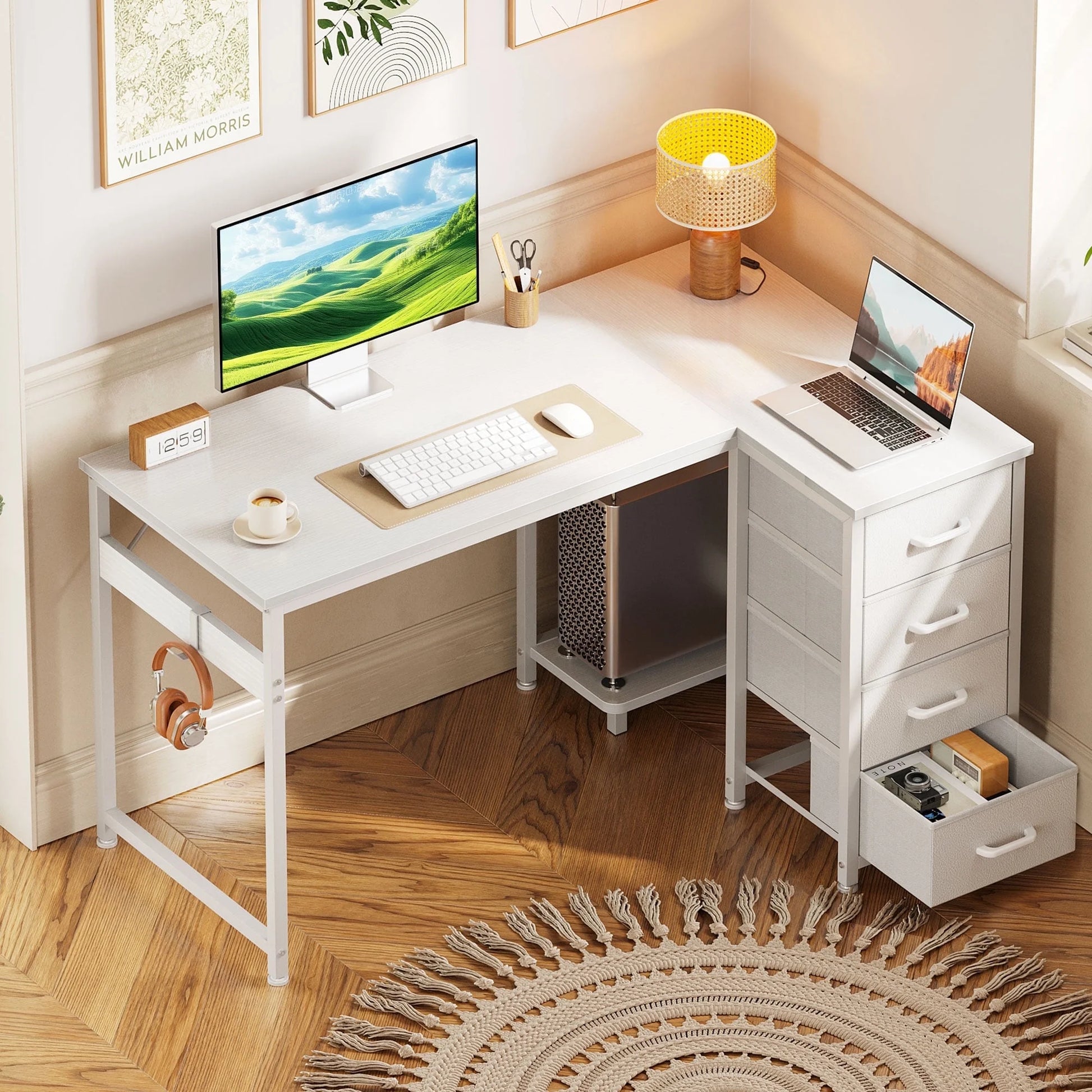48 Inch Computer Desk with 4 Fabric Drawers — Home Office Desks with Storage, Writing Desk with Side Hook, Desk Study/Work Table for Bedroom and Small Space, White