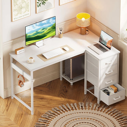 48 Inch Computer Desk with 4 Fabric Drawers — Home Office Desks with Storage, Writing Desk with Side Hook, Desk Study/Work Table for Bedroom and Small Space, White