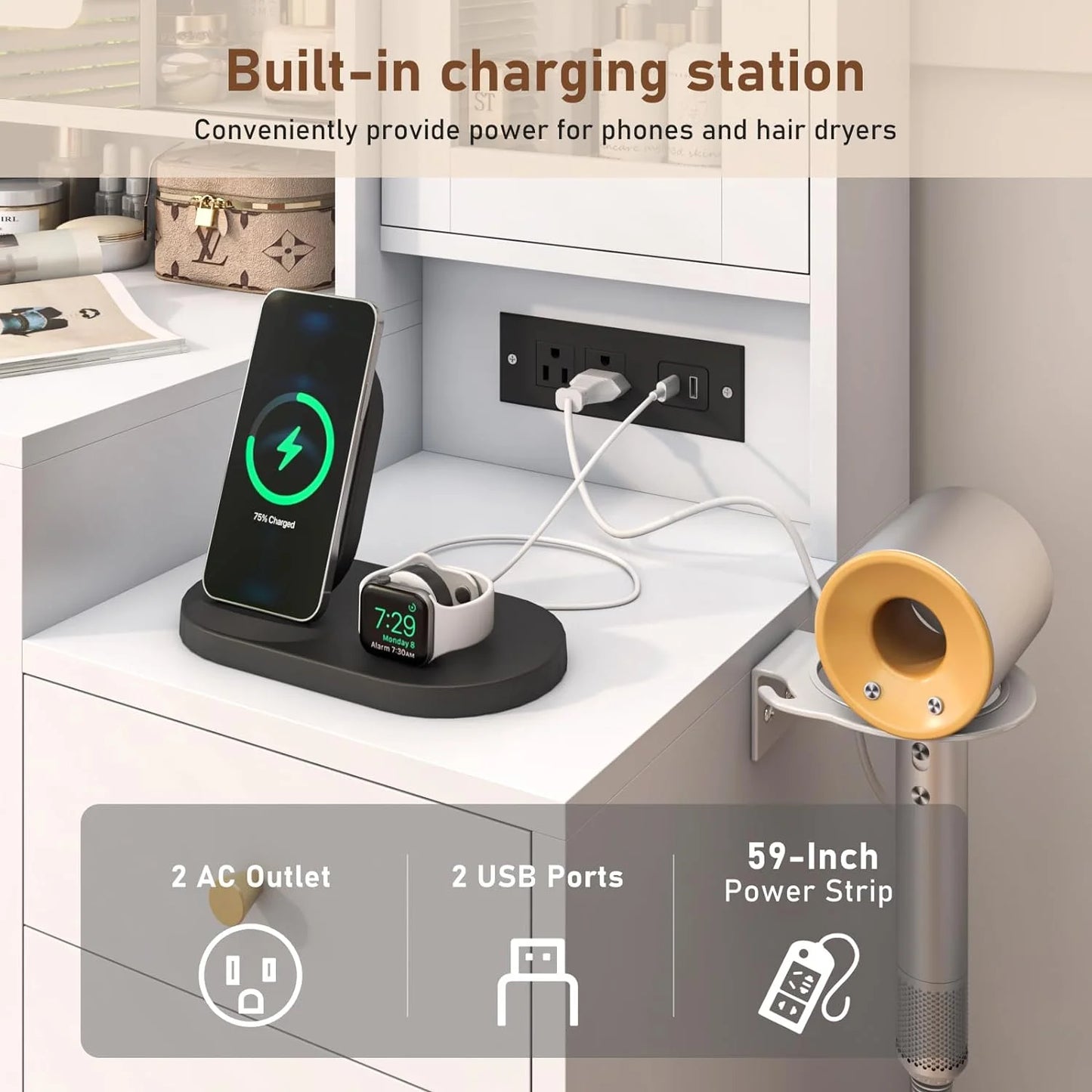 White Vanity Desk with Sliding Mirror & Lights, Vanity Table Makeup Desk with Charging Station 2 Drawers 2 Doors, Lots of Storage Shelves, Large Vanity Set with Cushioned Stool