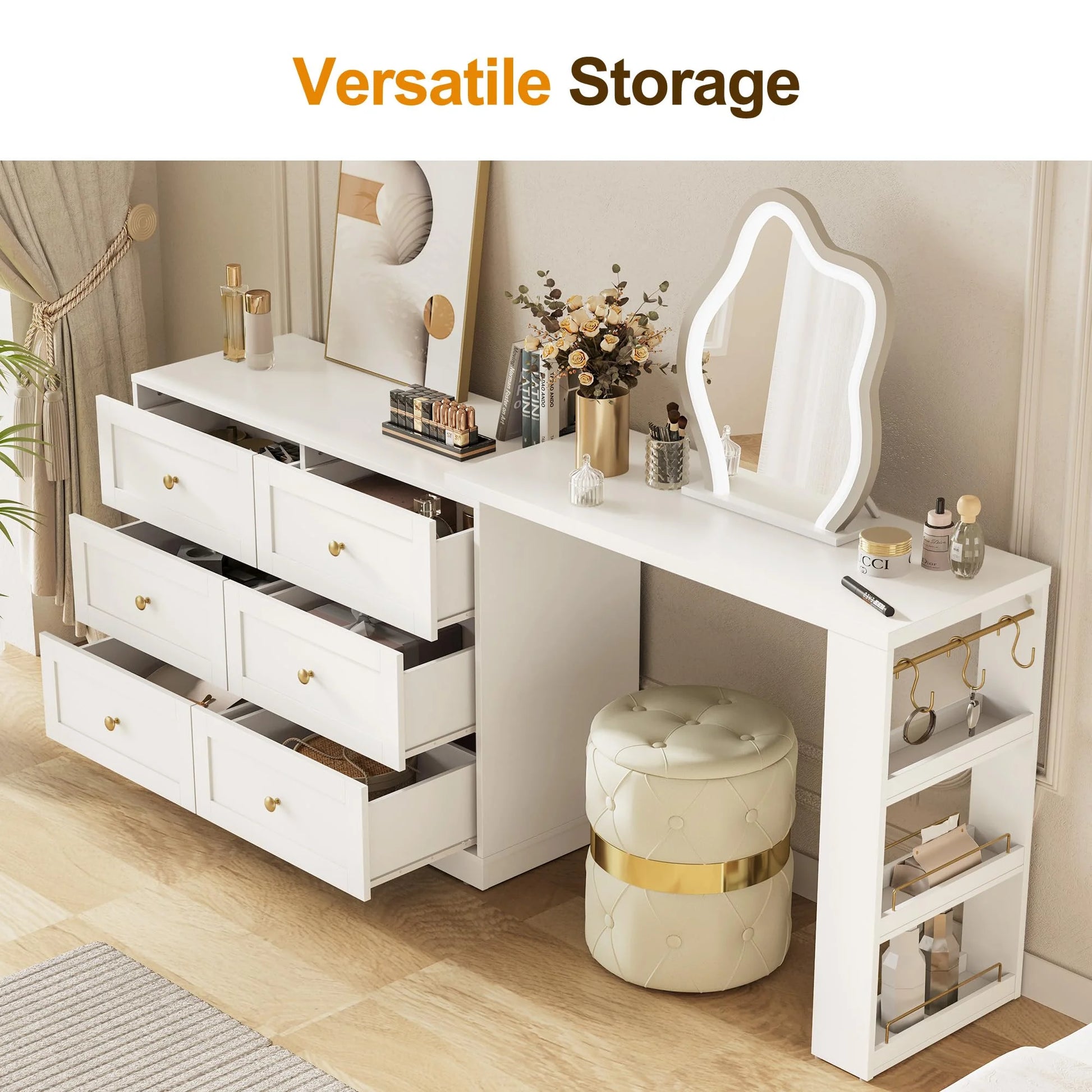 6 Drawer Dresser and Vanity, Extendable Corner Vanity Desk and Dresser Combo with 3 Side Shelves, Wood Dressing Table for Bedroom, Dressing Room, White