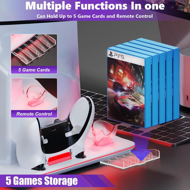 APTGAME Cooling Station for PS5 Slim & Playstation 5 Pro Console,Headset Holder PS5 Accessories Dual Controller Charging Station for PS 5 Controllers, 7 RGB Light, 5 Game Slots,Don Fit the Regular PS5 Wearable Ps5 Accessories Men Gadgets Controller