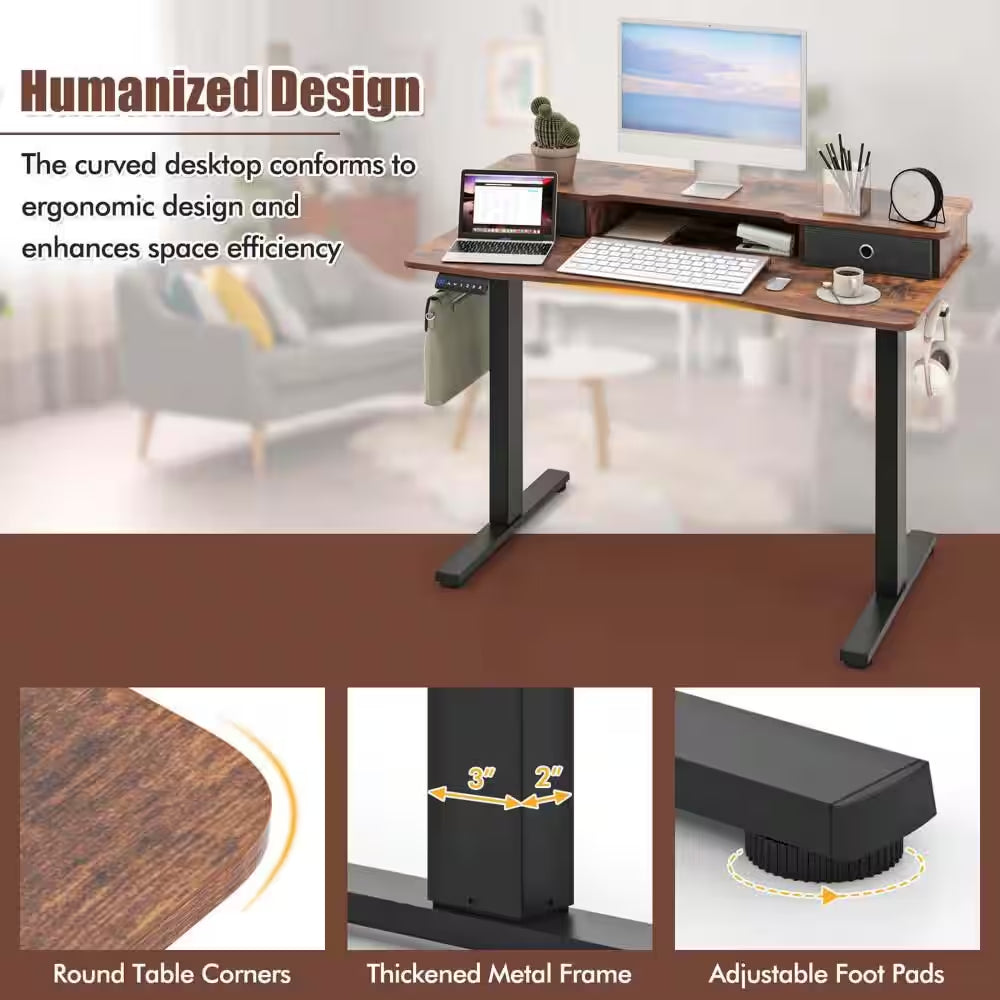48 In. Brown Wood 2-Drawer Electric Standing Desk with Monitor Stand Storage Shelf