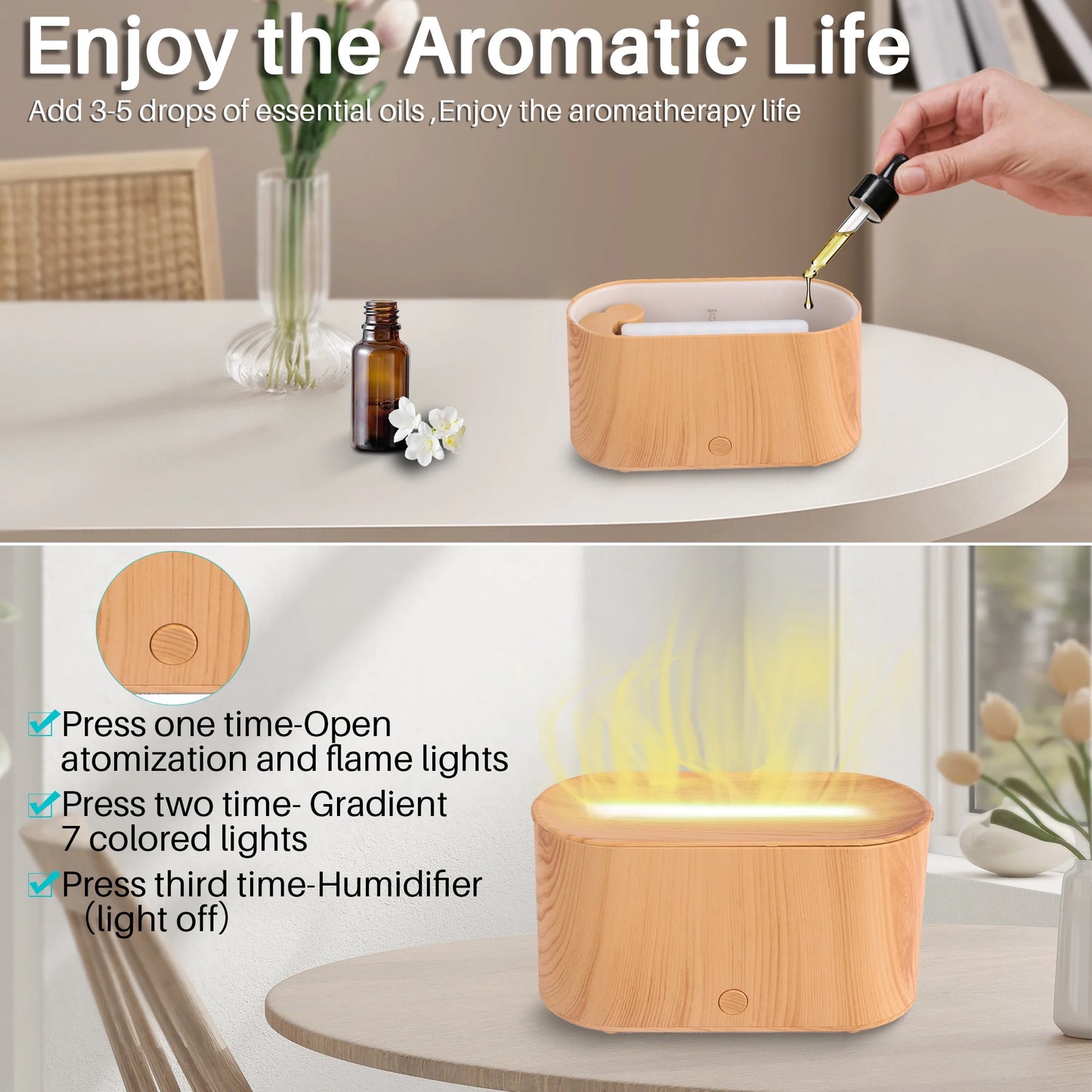 Essential Oil Diffuser Aromatherapy Aroma Air Diffuser with Flame Light, Wood Grain
