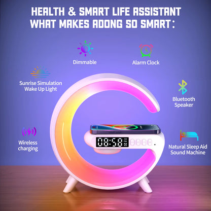 LED Smart Wake up Light RGB Night Light with Wireless Speaker 15W Wireless Rechargeable Desk Lamp for Bedroom Bedside Game Room