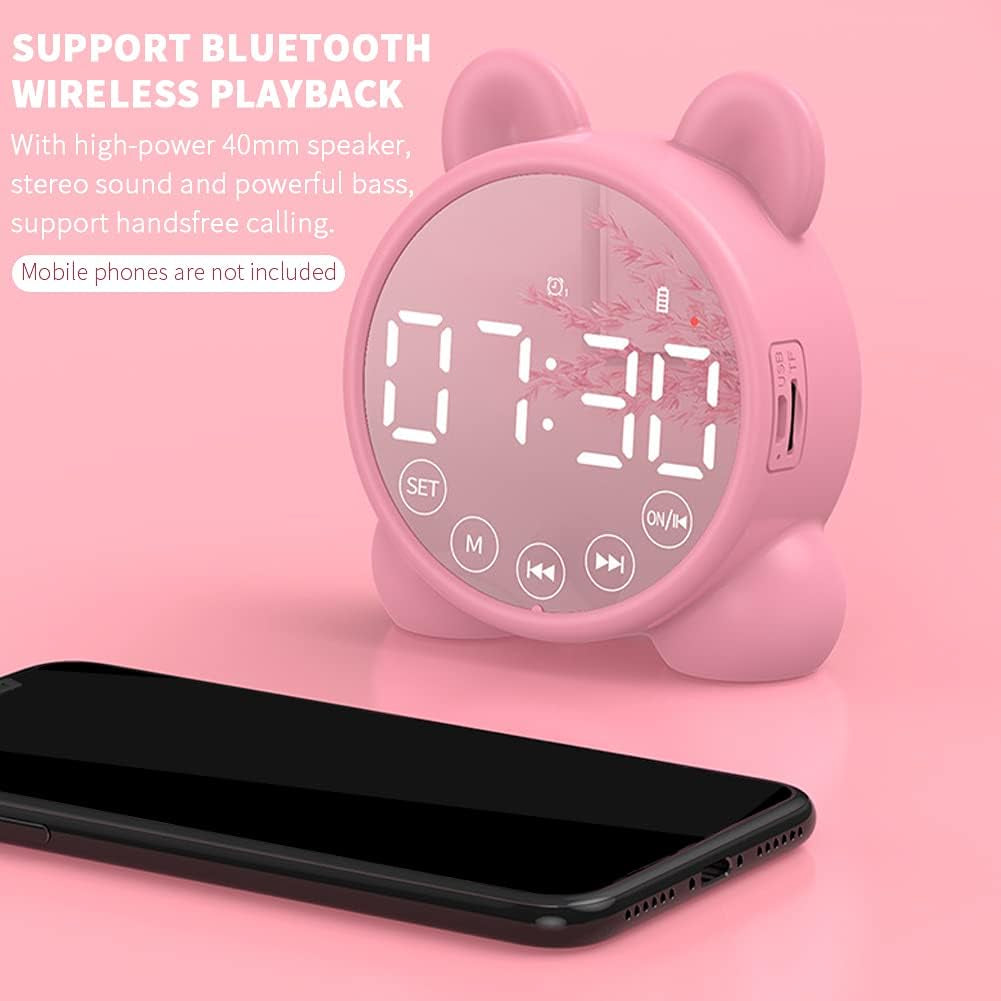 Wireless Charging Digital Alarm Clock, Mirror LED Display Bluetooth Speaker FM Clock Radio with USB Port, Portable Dual Alarm for Home Office Bedroom (Pink)