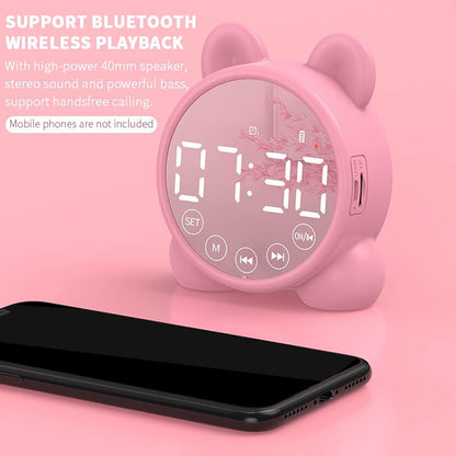 Wireless Charging Digital Alarm Clock, Mirror LED Display Bluetooth Speaker FM Clock Radio with USB Port, Portable Dual Alarm for Home Office Bedroom (Pink)