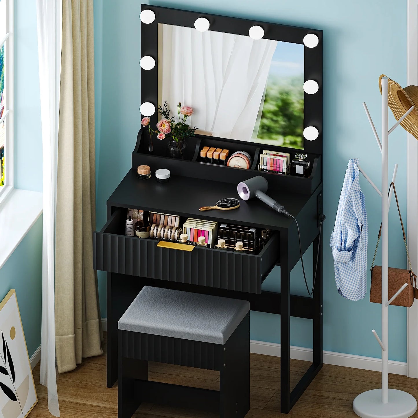 Flutted Makeup Vanity Table 8 LED Lights, Dressing Desk with Charging Station, for Femal Gift, Black