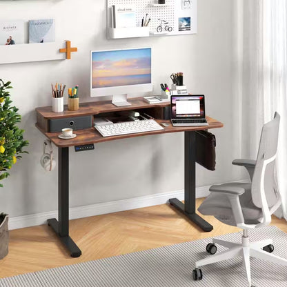 48 In. Brown Wood 2-Drawer Electric Standing Desk with Monitor Stand Storage Shelf