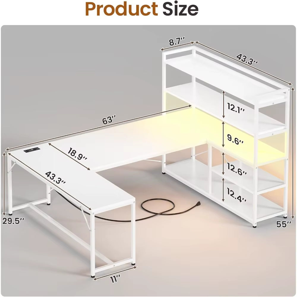 L Shaped Computer Desk, 63” Reversible Office Desk or Corner Desk with Storage Shelves, White Gaming Desk with LED Lights, Powe