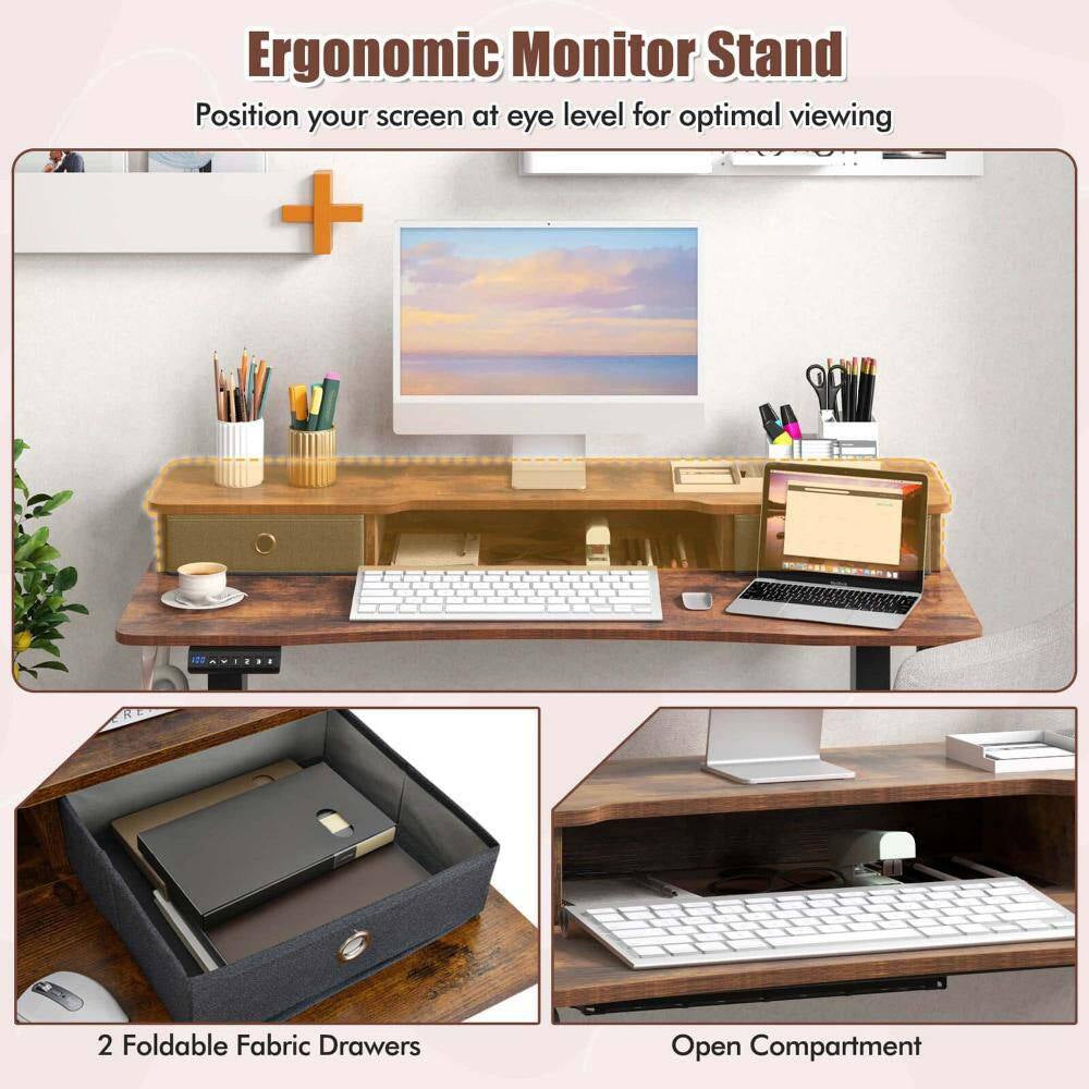 48 In. Brown Wood 2-Drawer Electric Standing Desk with Monitor Stand Storage Shelf