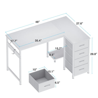 48 Inch Computer Desk with 4 Fabric Drawers — Home Office Desks with Storage, Writing Desk with Side Hook, Desk Study/Work Table for Bedroom and Small Space, White