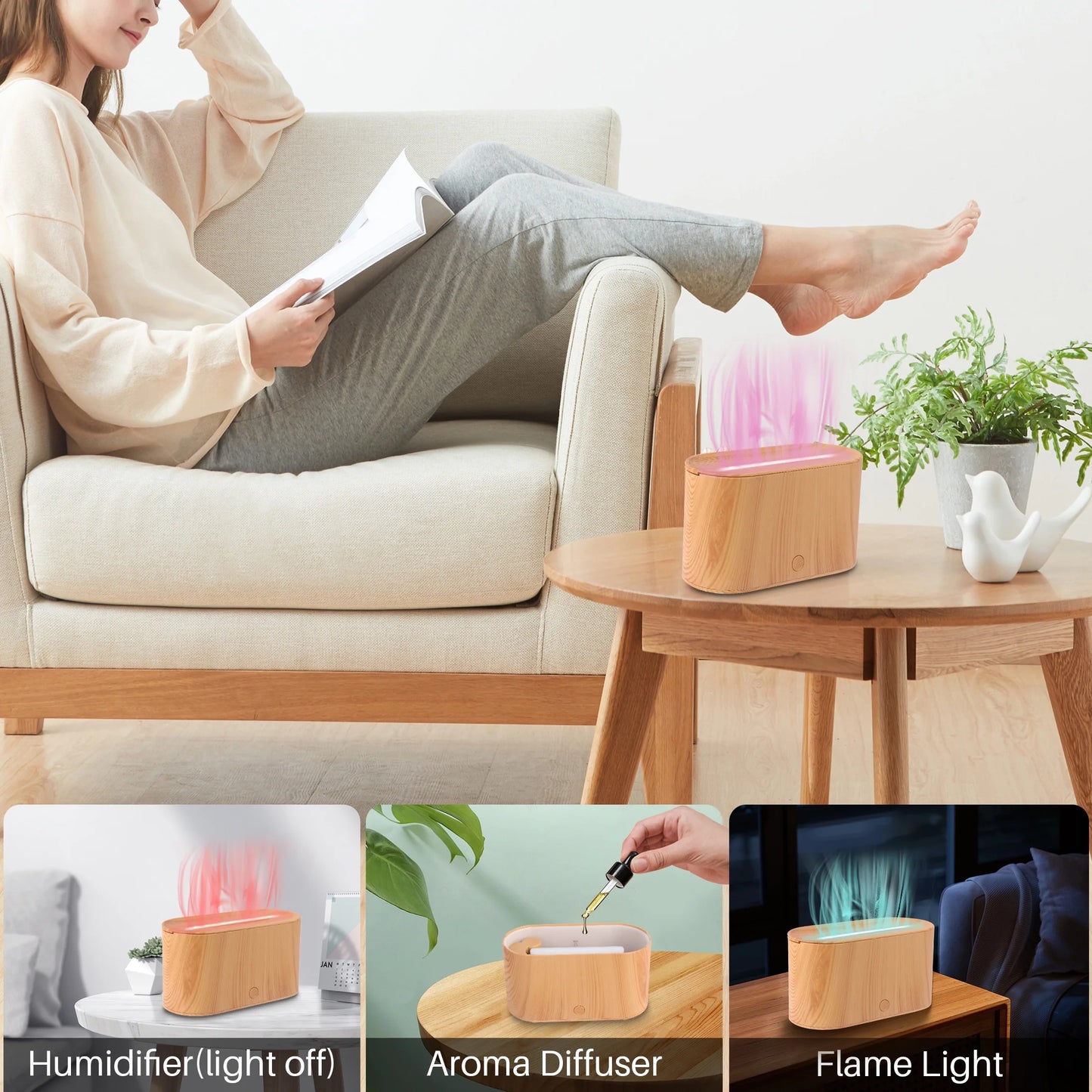 Essential Oil Diffuser Aromatherapy Aroma Air Diffuser with Flame Light, Wood Grain