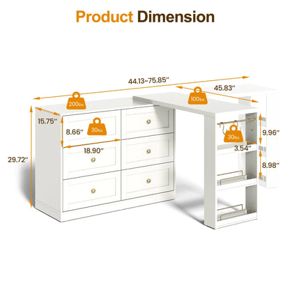 6 Drawer Dresser and Vanity, Extendable Corner Vanity Desk and Dresser Combo with 3 Side Shelves, Wood Dressing Table for Bedroom, Dressing Room, White