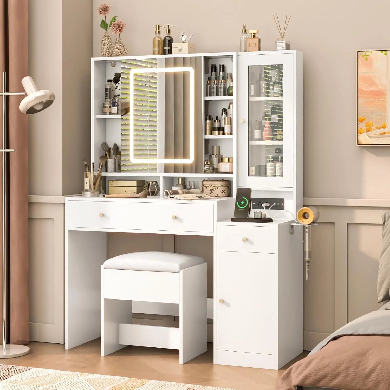 White Vanity Desk with Sliding Mirror & Lights, Vanity Table Makeup Desk with Charging Station 2 Drawers 2 Doors, Lots of Storage Shelves, Large Vanity Set with Cushioned Stool