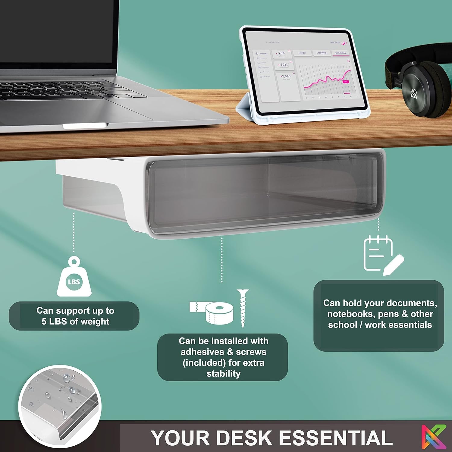 X-Large under Cabinet Drawers Slide Out W/ 2 Cable Clips - Screw on Drawer for Desk, Stick on under Desk Drawers under Shelf Drawer under Desk Storage Drawers Attachment under Table Drawer