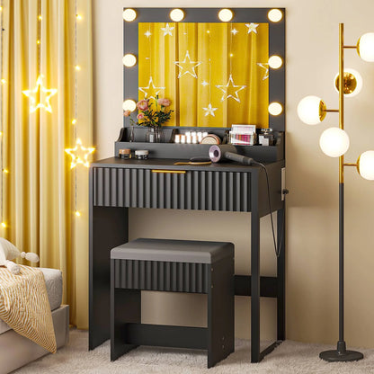 Flutted Makeup Vanity Table 8 LED Lights, Dressing Desk with Charging Station, for Femal Gift, Black