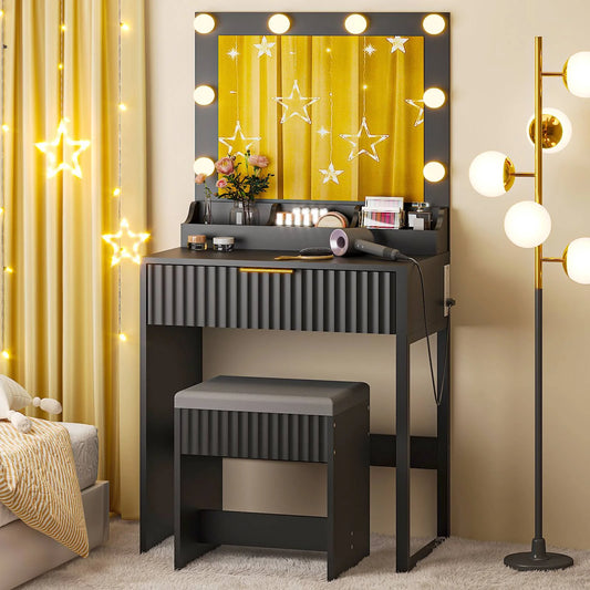 Flutted Makeup Vanity Table 8 LED Lights, Dressing Desk with Charging Station, for Femal Gift, Black