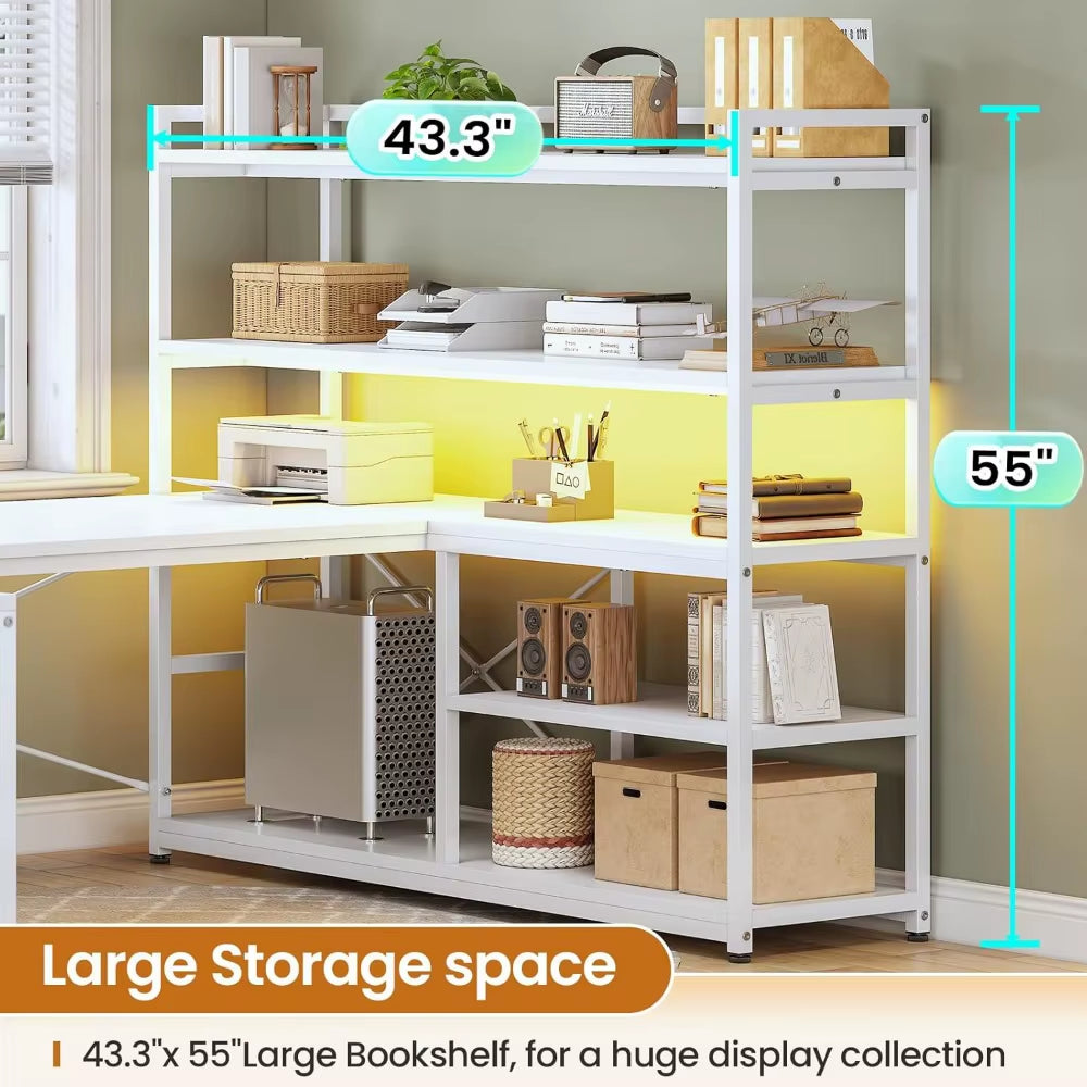 L Shaped Computer Desk, 63” Reversible Office Desk or Corner Desk with Storage Shelves, White Gaming Desk with LED Lights, Powe