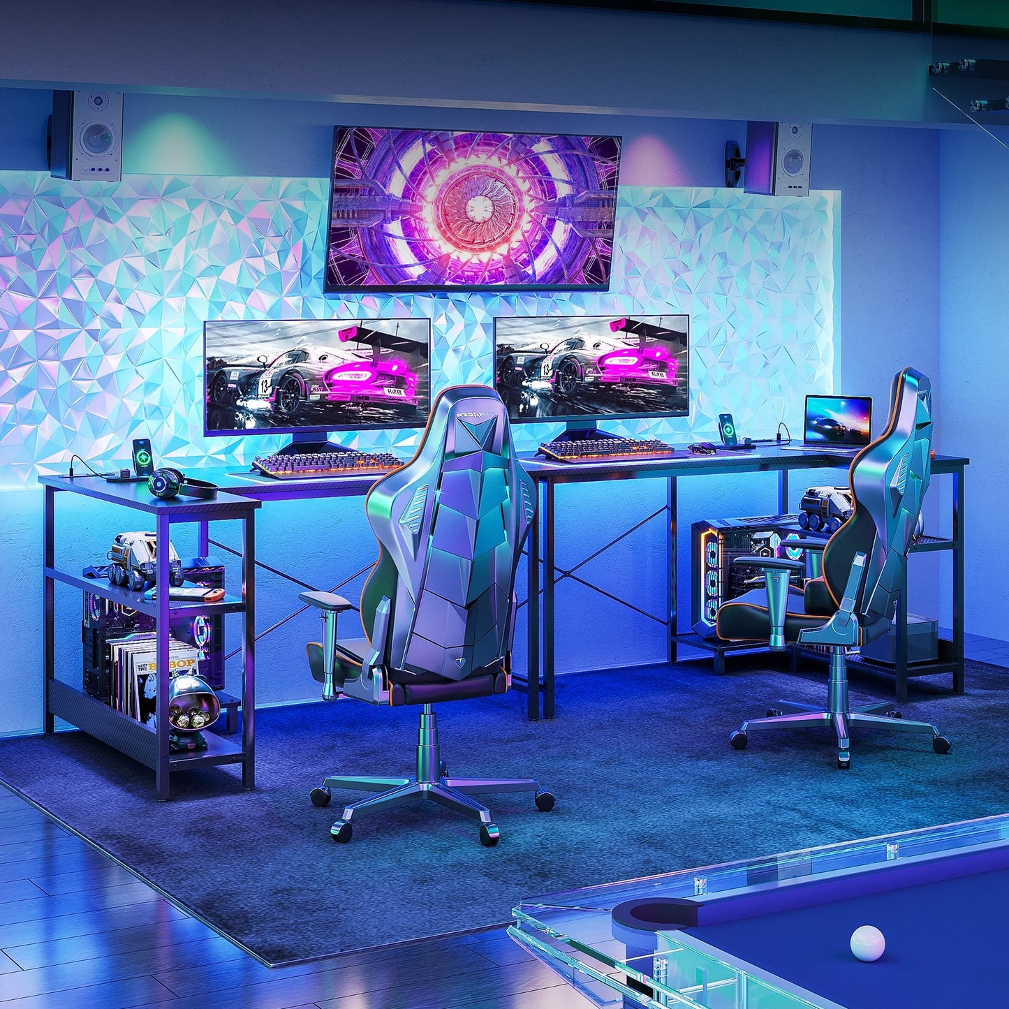 48 Inch Large Office Desk with Storage Shelve, Gaming Table with Power Outletsfor Large Spaces, Black Carbon