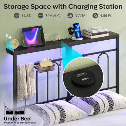 Full Size Bed Frame with 49.2" High LED Storage Headboard Shelf, Metal Platform Bed with Charging Station, Black