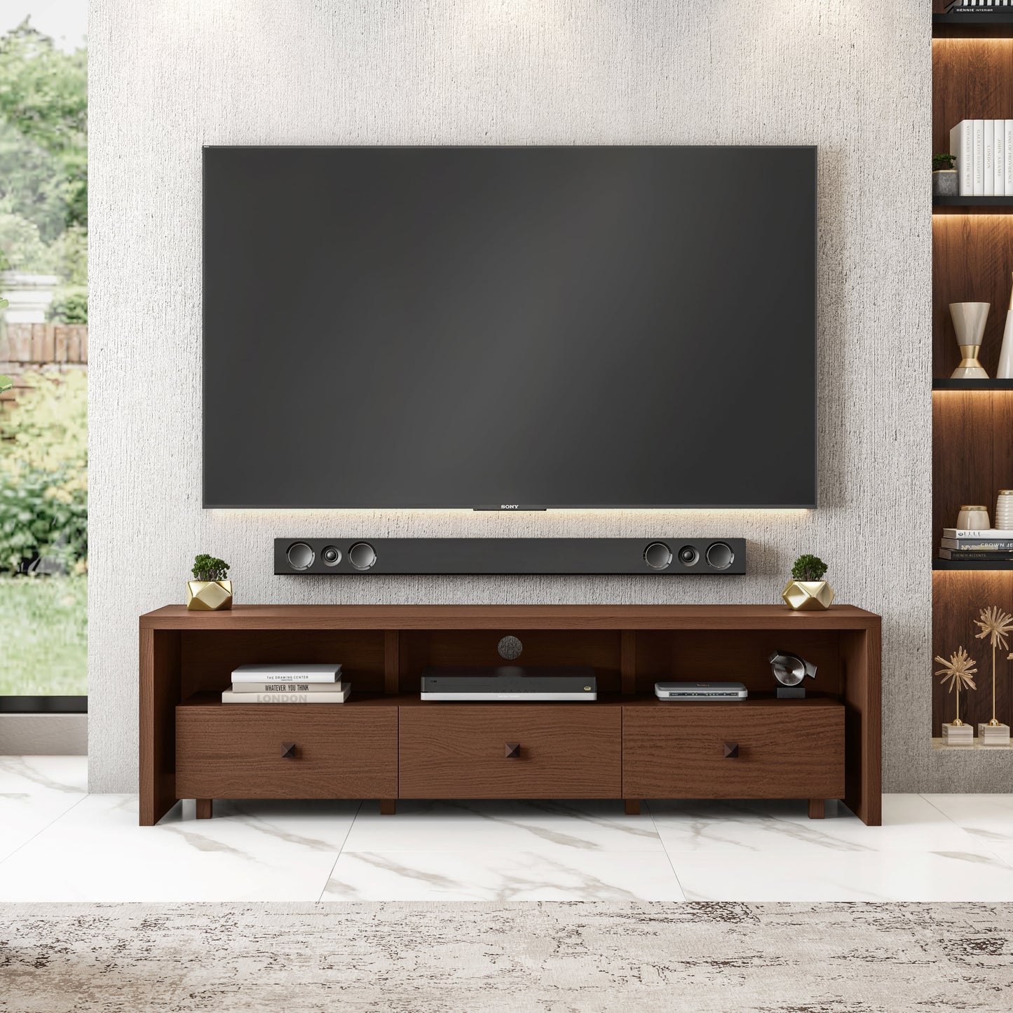 Elegant Modern TV Stand for Tvs up to 75" with Storage, Wood-Like Finish, Hickory Brown RTA-8895-HRY