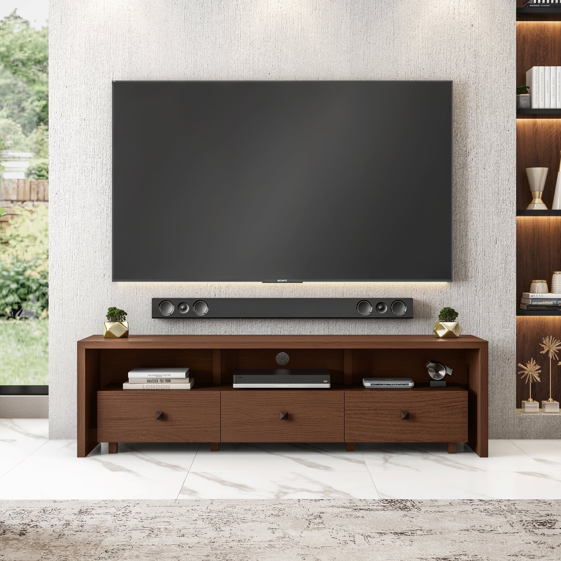 Elegant Modern TV Stand for Tvs up to 75" with Storage, Wood-Like Finish, Hickory Brown RTA-8895-HRY