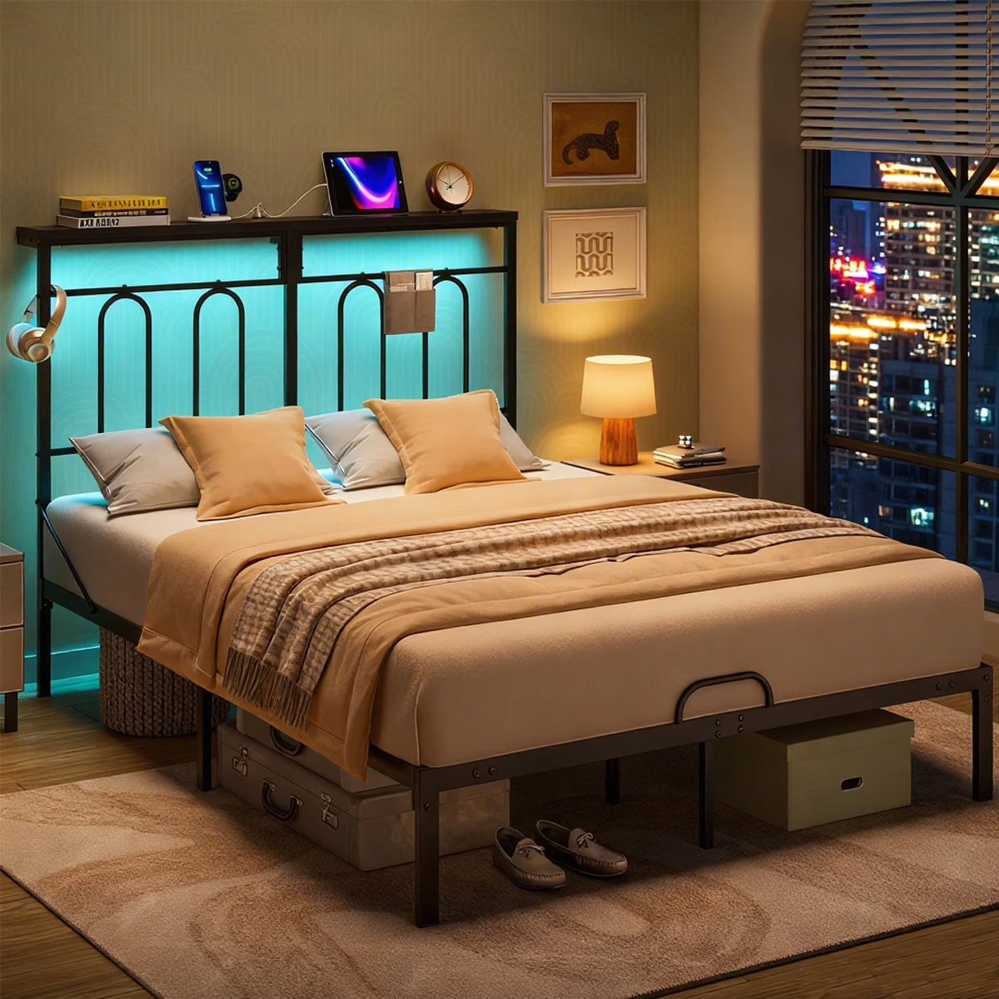 Full Size Bed Frame with 49.2" High LED Storage Headboard Shelf, Metal Platform Bed with Charging Station, Black