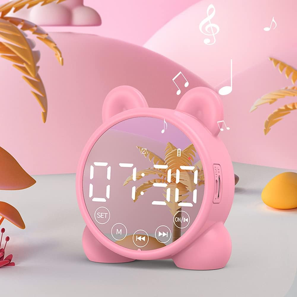 Wireless Charging Digital Alarm Clock, Mirror LED Display Bluetooth Speaker FM Clock Radio with USB Port, Portable Dual Alarm for Home Office Bedroom (Pink)
