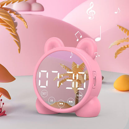 Wireless Charging Digital Alarm Clock, Mirror LED Display Bluetooth Speaker FM Clock Radio with USB Port, Portable Dual Alarm for Home Office Bedroom (Pink)