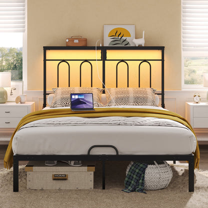 Queen Size Bed Frame with 49.2" High LED Storage Headboard Shelf, Metal Platform Bed with Charging Station, Black