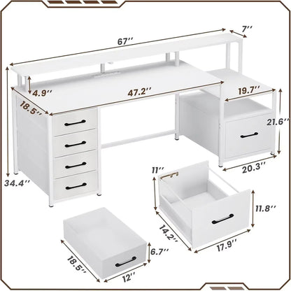 White Computer Desk with 5 Drawer & Power Outlet, 66'' Home Office Desk with File Drawer, Storage Shelves, Gaming Desk