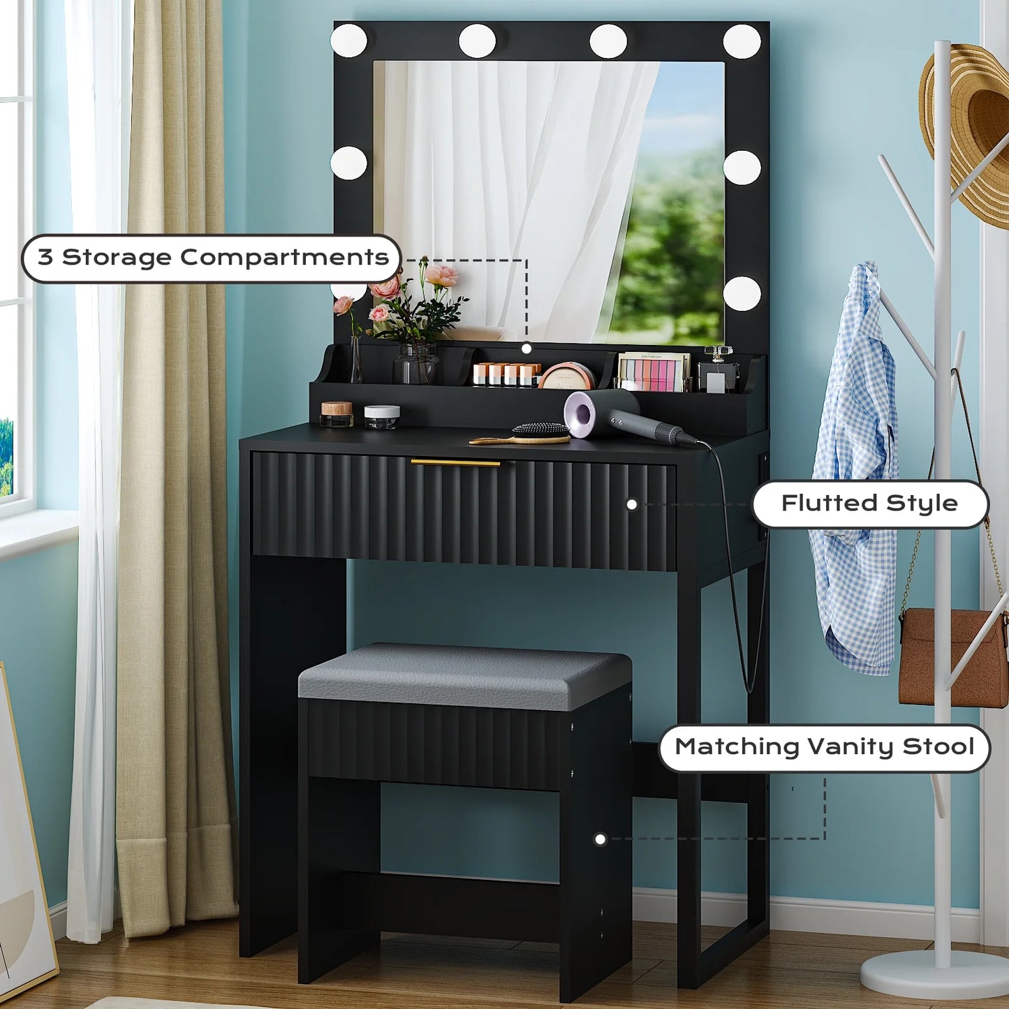 Flutted Makeup Vanity Table 8 LED Lights, Dressing Desk with Charging Station, for Femal Gift, Black