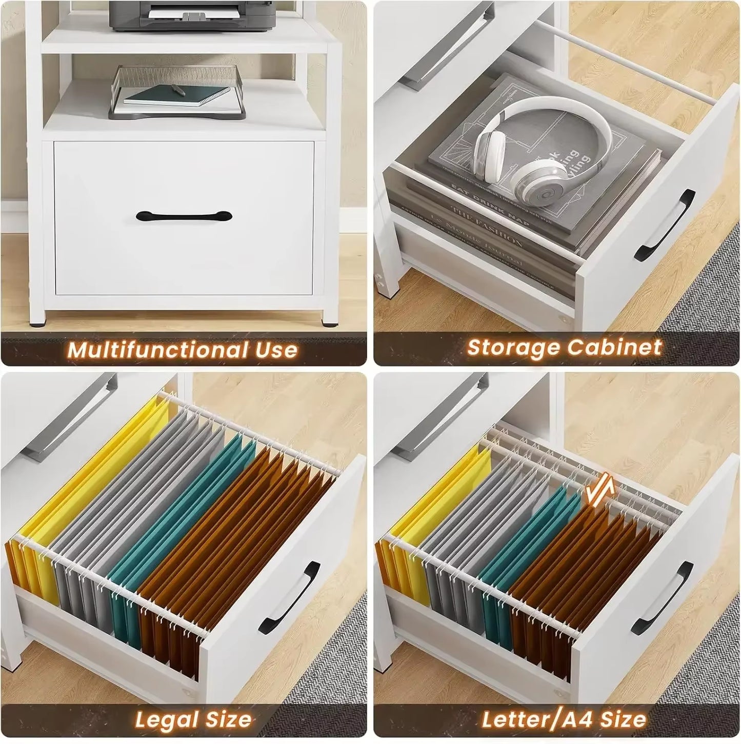 White Computer Desk with 5 Drawer & Power Outlet, 66'' Home Office Desk with File Drawer, Storage Shelves, Gaming Desk