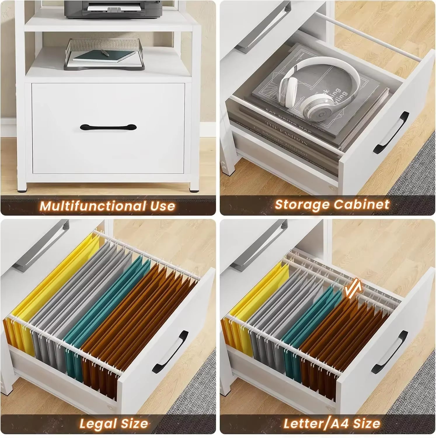 White Computer Desk with 5 Drawer & Power Outlet, 66'' Home Office Desk with File Drawer, Storage Shelves, Gaming Desk