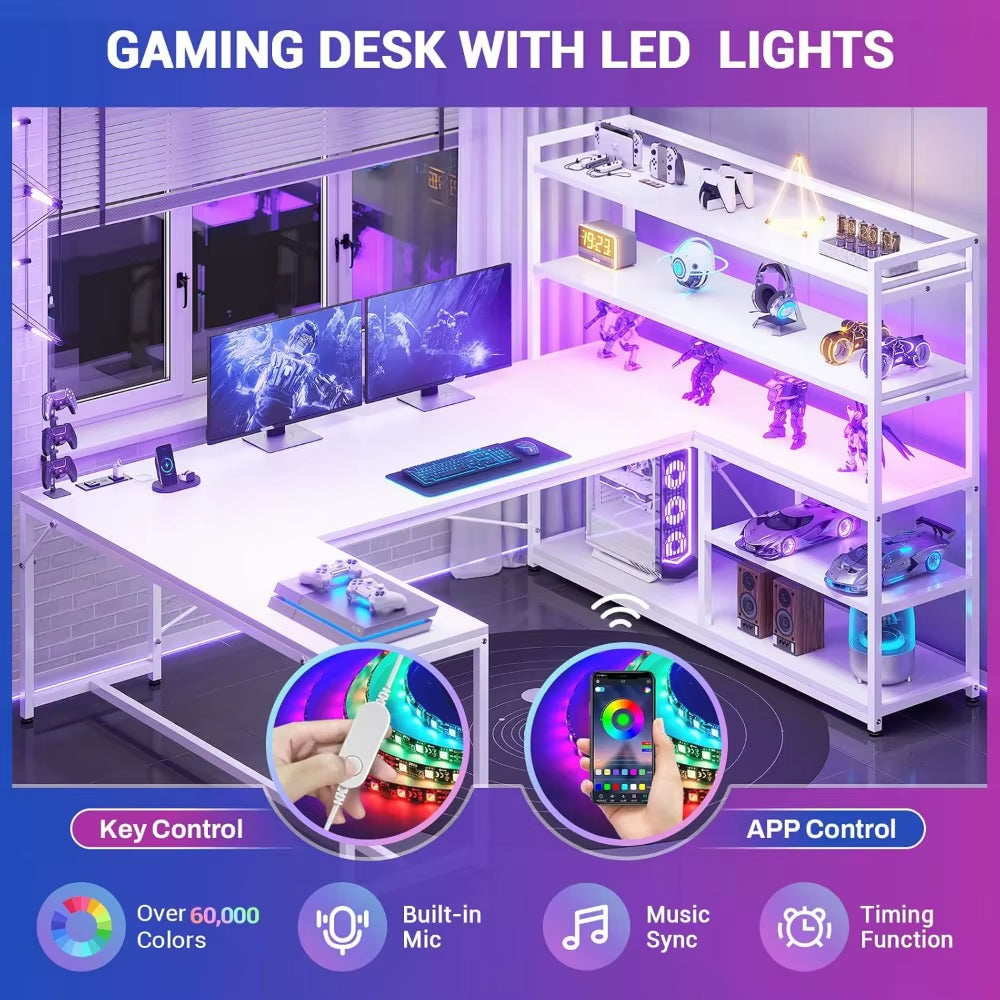 L Shaped Computer Desk, 63” Reversible Office Desk or Corner Desk with Storage Shelves, White Gaming Desk with LED Lights, Powe