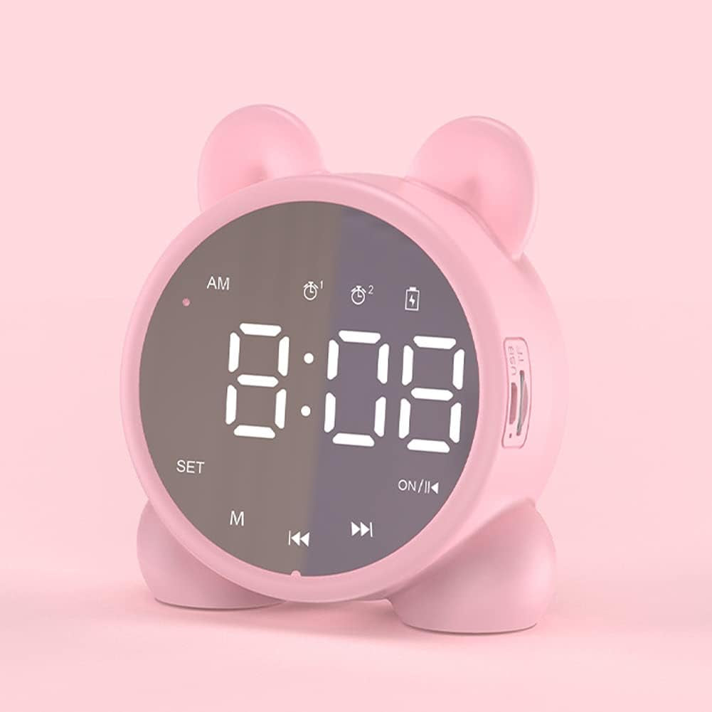 Wireless Charging Digital Alarm Clock, Mirror LED Display Bluetooth Speaker FM Clock Radio with USB Port, Portable Dual Alarm for Home Office Bedroom (Pink)