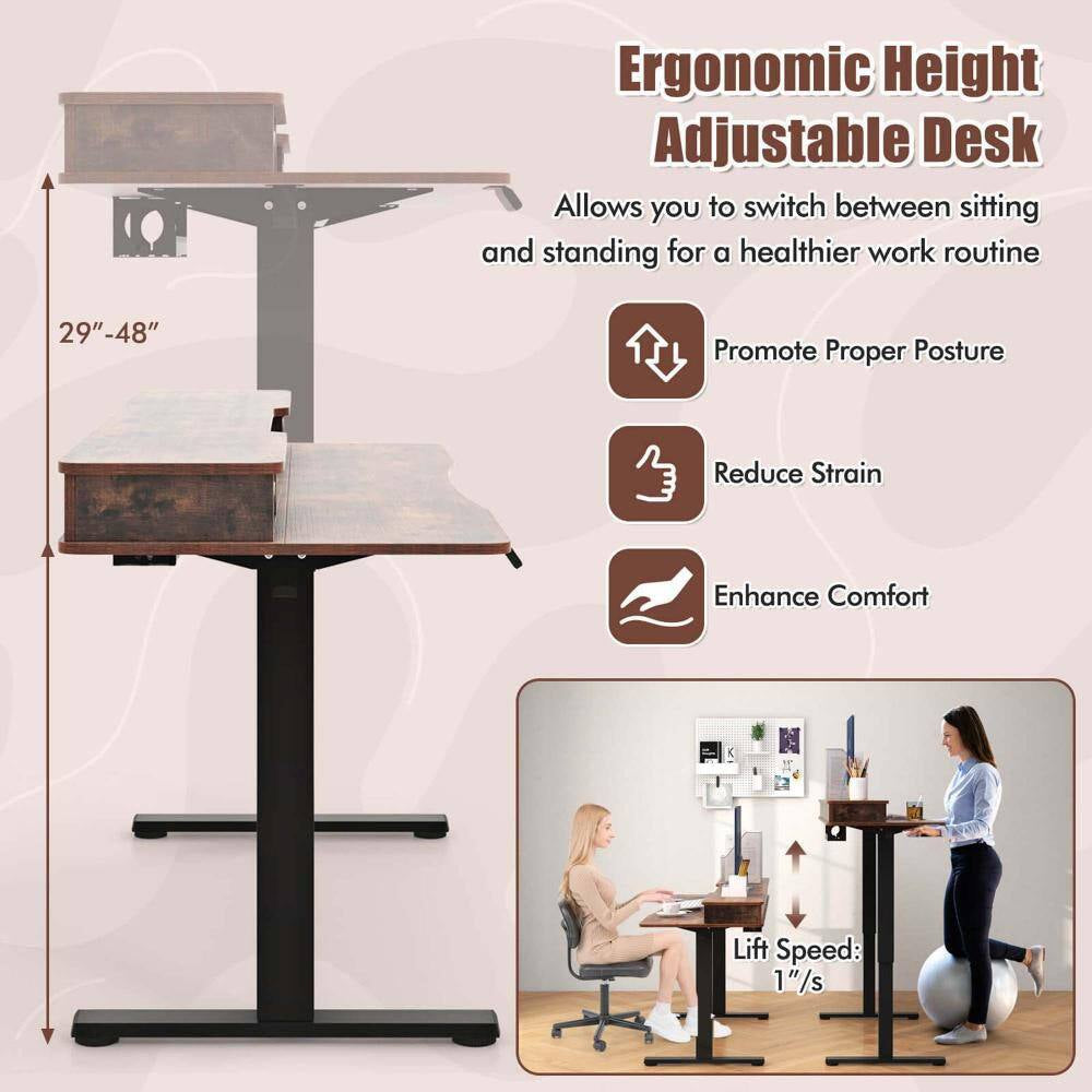 48 In. Brown Wood 2-Drawer Electric Standing Desk with Monitor Stand Storage Shelf