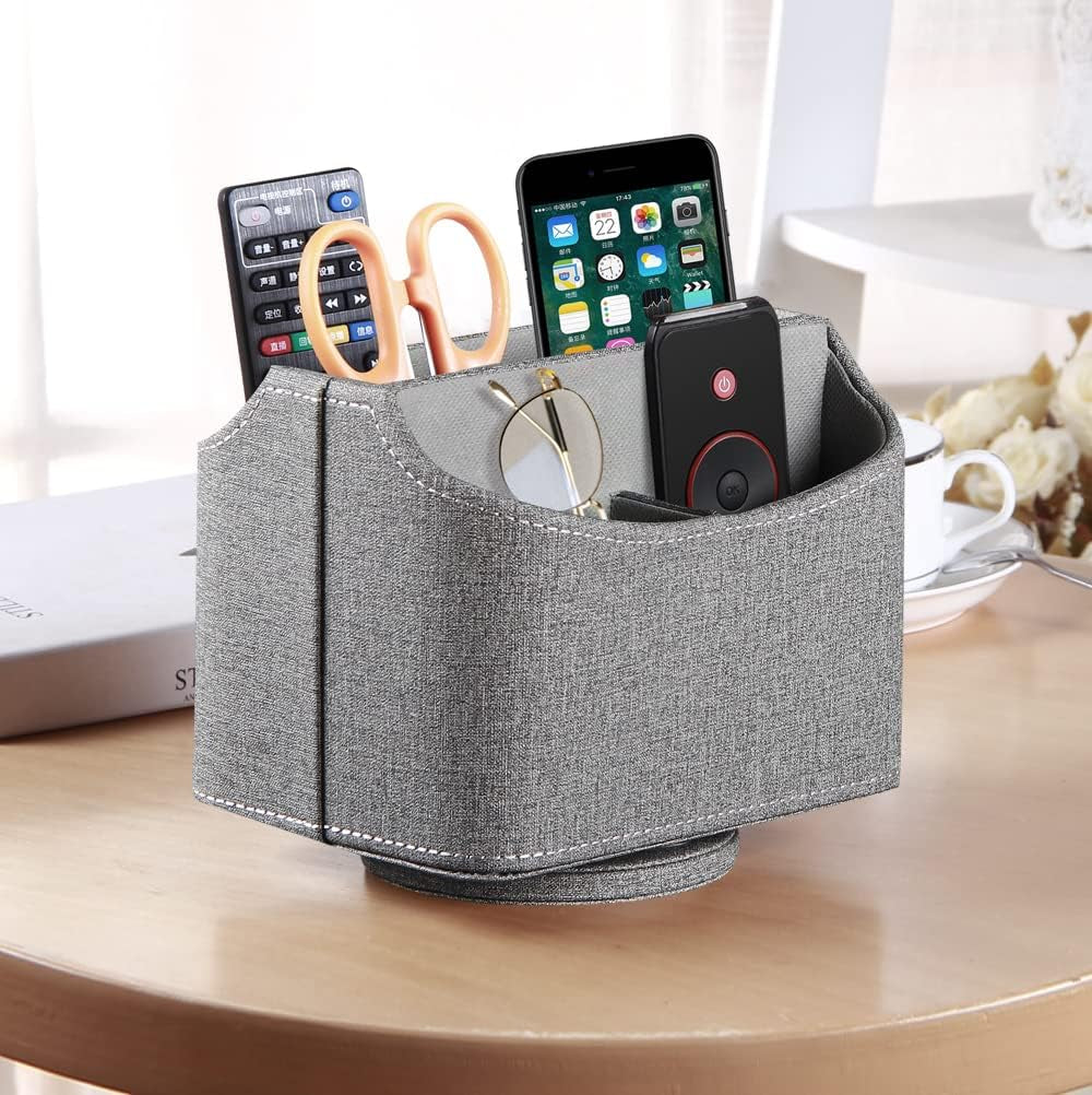 Leather 360°Rotatable Remote Control Holder,Nightstand TV Remote Caddy,Office Supplies Desktop Organizer,Spinning Storage Box for Pen,Mail,Phone,Dvd, Blu-Ray, Media Player, Heater Controllers