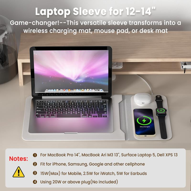 Laptop Sleeve with Wireless Charging 12-14", 3 in 1 Multifunctional Fast Charger for Electronic Iphone, Iwatch, Airpods, Office/Travel/Coffee Shop/On-The-Go Tech Organizer Gear Essential Waterproof Accessory