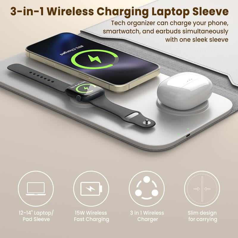 Laptop Sleeve with Wireless Charging 12-14", 3 in 1 Multifunctional Fast Charger for Electronic Iphone, Iwatch, Airpods, Office/Travel/Coffee Shop/On-The-Go Tech Organizer Gear Essential Waterproof Accessory