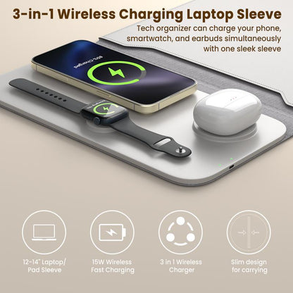 Laptop Sleeve with Wireless Charging 12-14", 3 in 1 Multifunctional Fast Charger for Electronic Iphone, Iwatch, Airpods, Office/Travel/Coffee Shop/On-The-Go Tech Organizer Gear Essential Waterproof Accessory